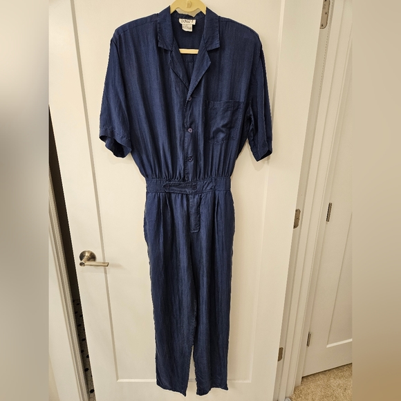 Vintage - 100% Silk "Studio B" Jumpsuit - Size L - EUC - Navy - Picture 1 of 13